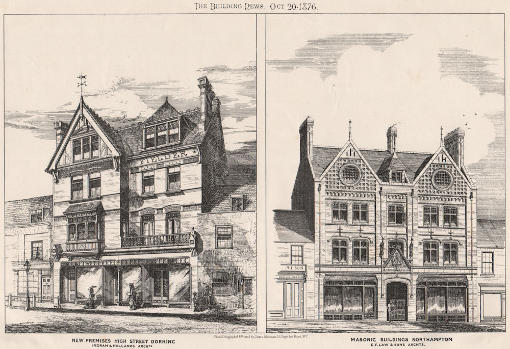New premises, High Street, Dorking; Masonic buildings, Northampton 1876 print